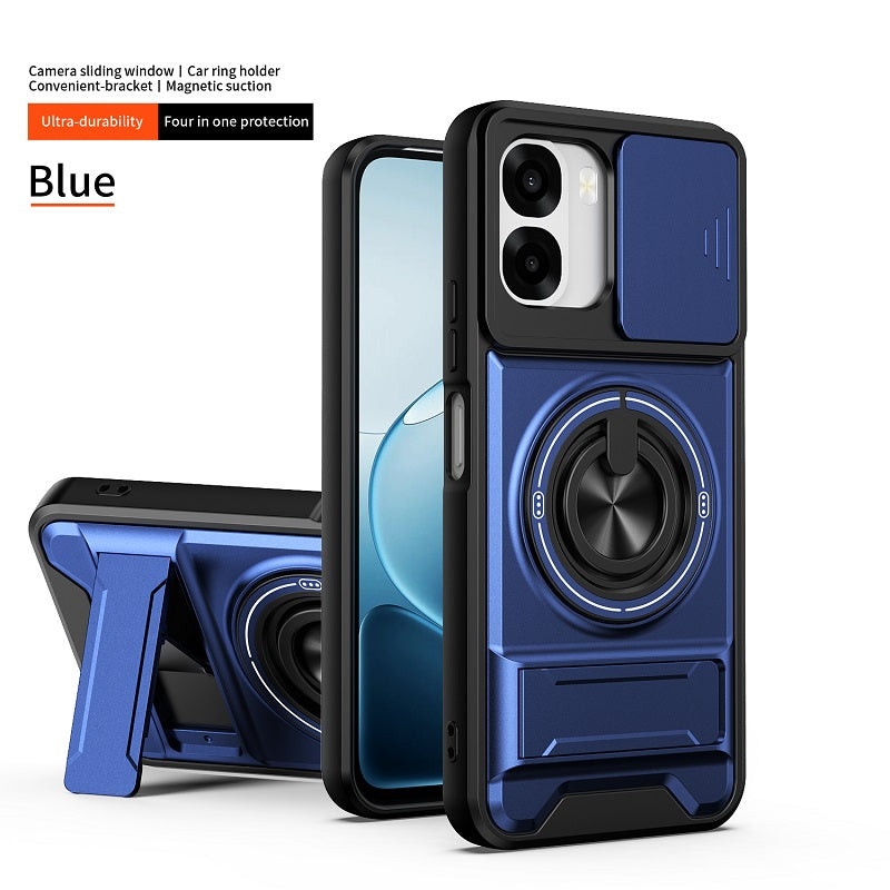 Luxury Slide Camera Lens Cover Case for OPPO A6X 5G/4G, Built-in Ring Stand and Folding Stand Magnetic Protective Case