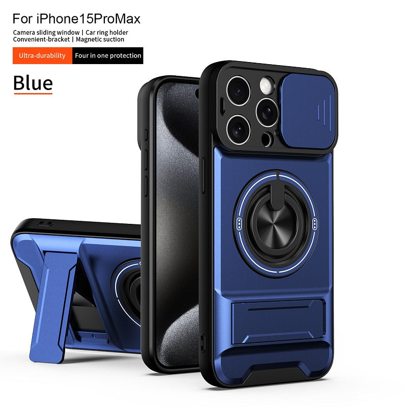 Luxury Slide Camera Lens Cover Case for iPhone 15 Pro Max, Built-in Ring Stand and Folding Stand Magnetic Protective Case