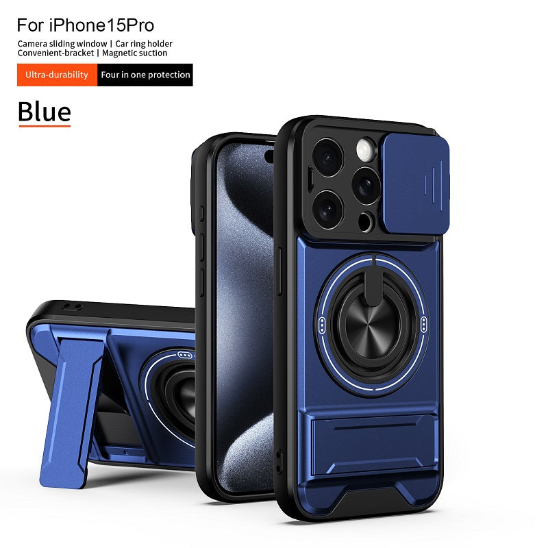Luxury Slide Camera Lens Cover Case for iPhone 15 Pro, Built-in Ring Stand and Folding Stand Magnetic Protective Case