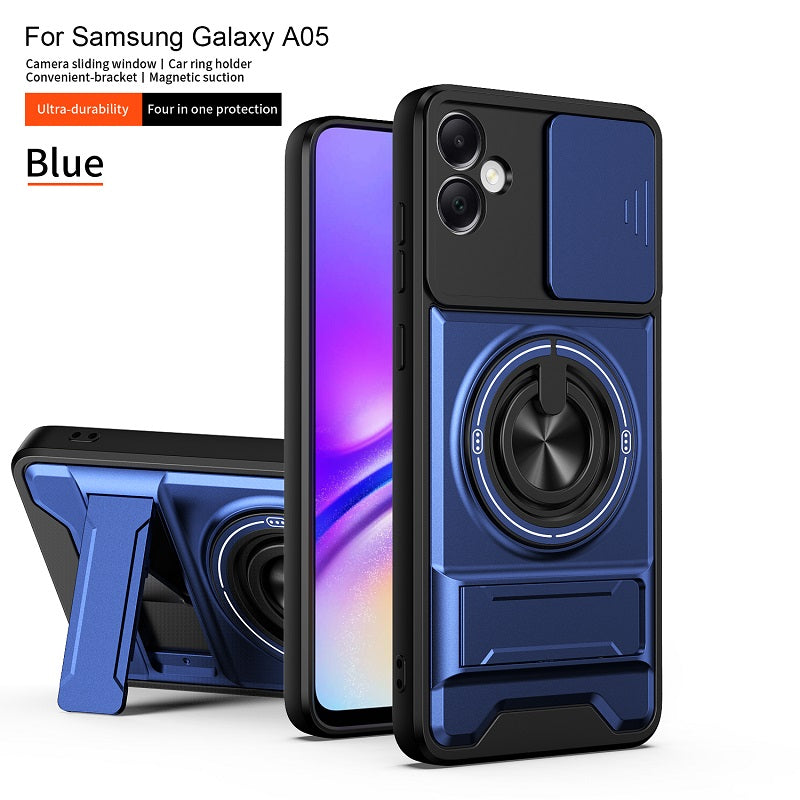 Luxury Slide Camera Lens Cover Case for Samsung Galaxy A05 4G, Built-in Ring Stand and Folding Stand Magnetic Protective Case