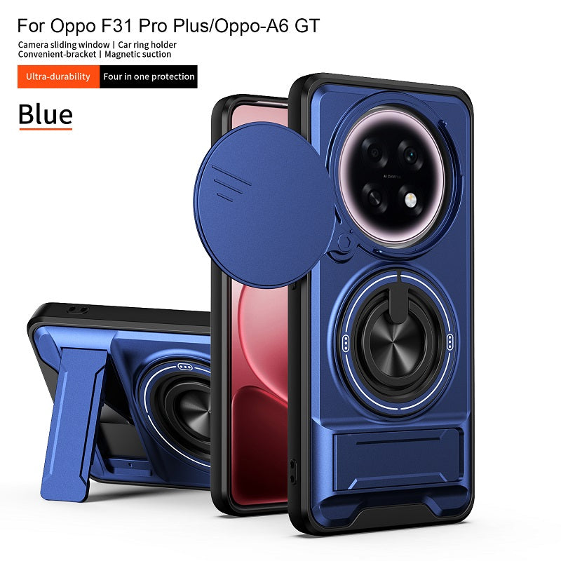 Luxury Slide Camera Lens Cover Case for OPPO F31 Pro+/OPPO A6 GT, Built-in Ring Stand and Folding Stand Magnetic Protective Case