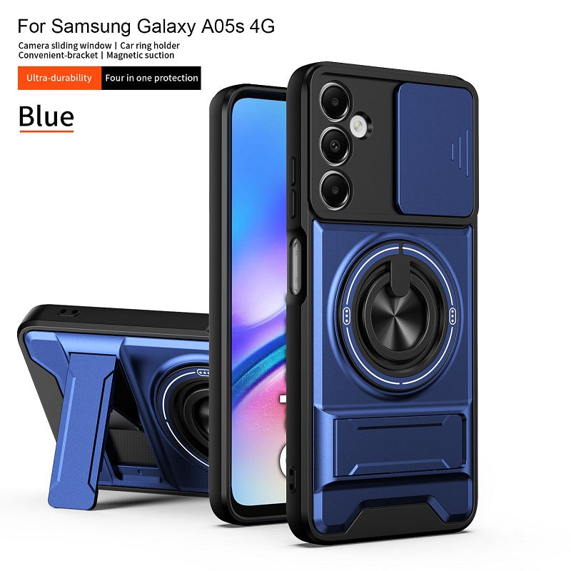 Luxury Slide Camera Lens Cover Case for Samsung Galaxy A05S 4G, Built-in Ring Stand and Folding Stand Magnetic Protective Case