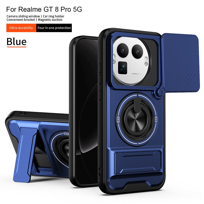 Luxury Slide Camera Lens Cover Case for OPPO Realme GT 8 Pro 5G, Built-in Ring Stand and Folding Stand Magnetic Protective Case
