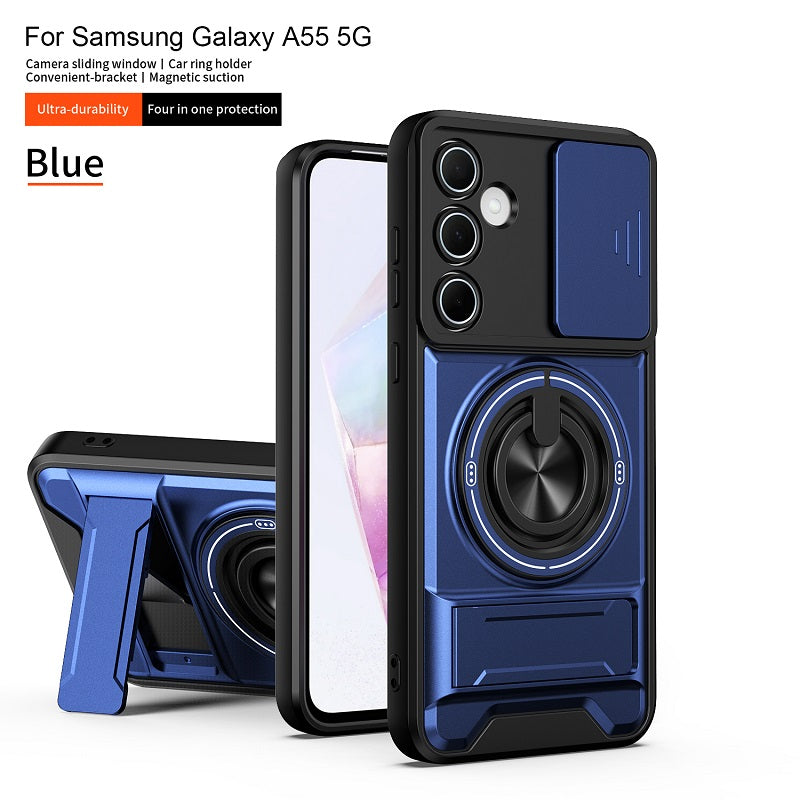 Luxury Slide Camera Lens Cover Case for Samsung Galaxy A55 5G, Built-in Ring Stand and Folding Stand Magnetic Protective Case