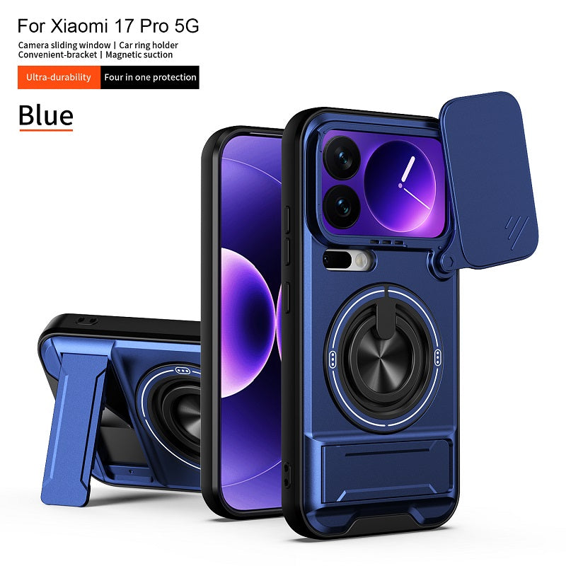 Luxury Slide Camera Lens Cover Case for Xiaomi 17 Pro, Built-in Ring Stand and Folding Stand Magnetic Protective Case