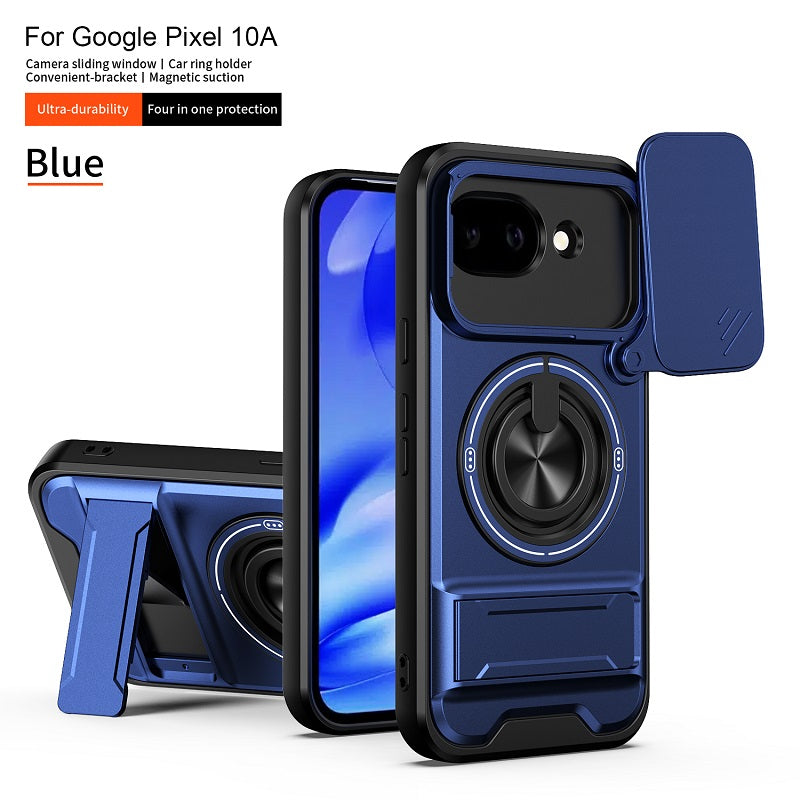 Luxury Slide Camera Lens Cover Case for Google Pixel 10A, Built-in Ring Stand and Folding Stand Magnetic Protective Case