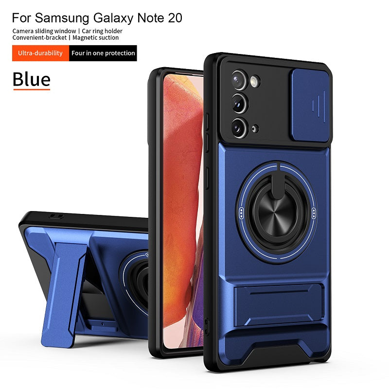 Luxury Slide Camera Lens Cover Case for Samsung Galaxy Note 20, Built-in Ring Stand and Folding Stand Magnetic Protective Case