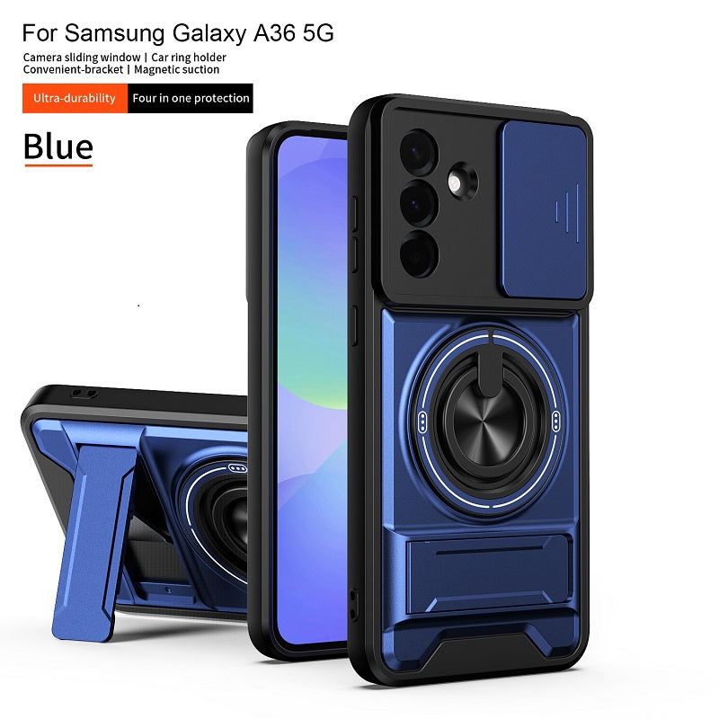 Luxury Slide Camera Lens Cover Case for Samsung Galaxy A36 5G, Built-in Ring Stand and Folding Stand Magnetic Protective Case