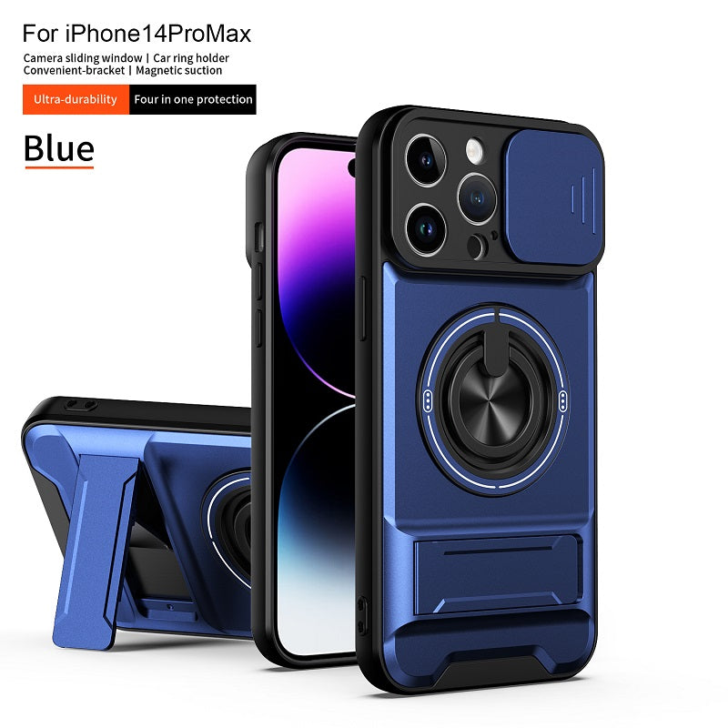 Luxury Slide Camera Lens Cover Case for iPhone 14 Pro Max, Built-in Ring Stand and Folding Stand Magnetic Protective Case
