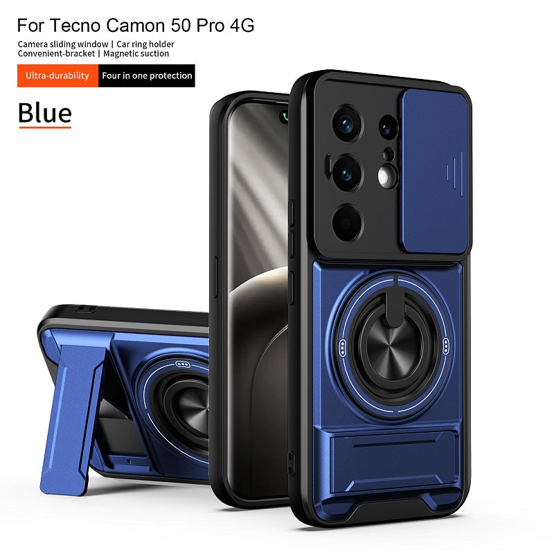 Luxury Slide Camera Lens Cover Case for Tecno Camon 50 Pro 4G, Built-in Ring Stand and Folding Stand Magnetic Protective Case