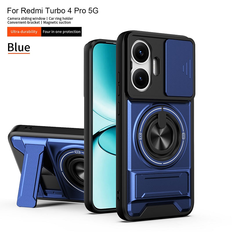 Luxury Slide Camera Lens Cover Case for Xiaomi Redmi Turbo 4 Pro/Poco F7, Built-in Ring Stand and Folding Stand Magnetic Protective Case