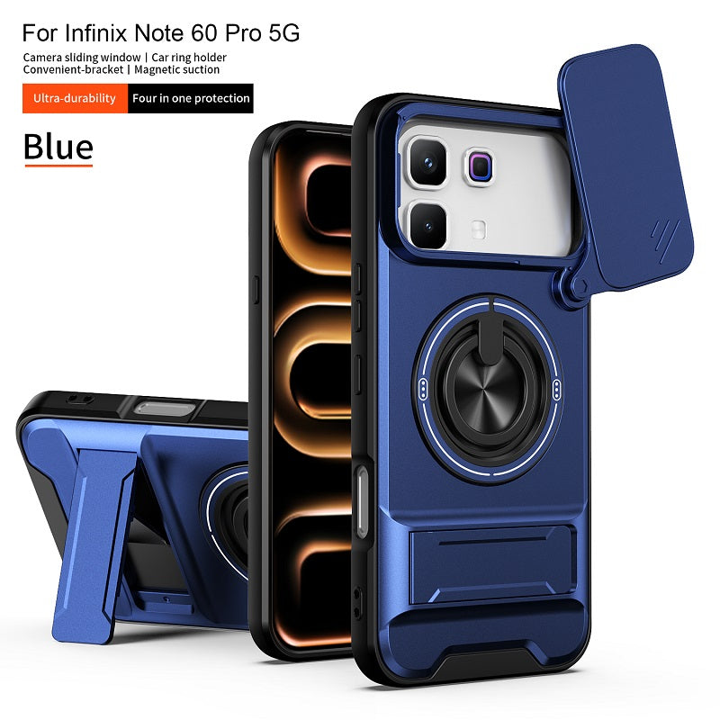 Luxury Slide Camera Lens Cover Case for Infinix Note 60 Pro 5G, Built-in Ring Stand and Folding Stand Magnetic Protective Case
