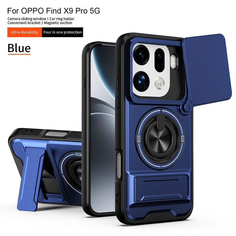 Luxury Slide Camera Lens Cover Case for OPPO Find X9 Pro, Built-in Ring Stand and Folding Stand Magnetic Protective Case