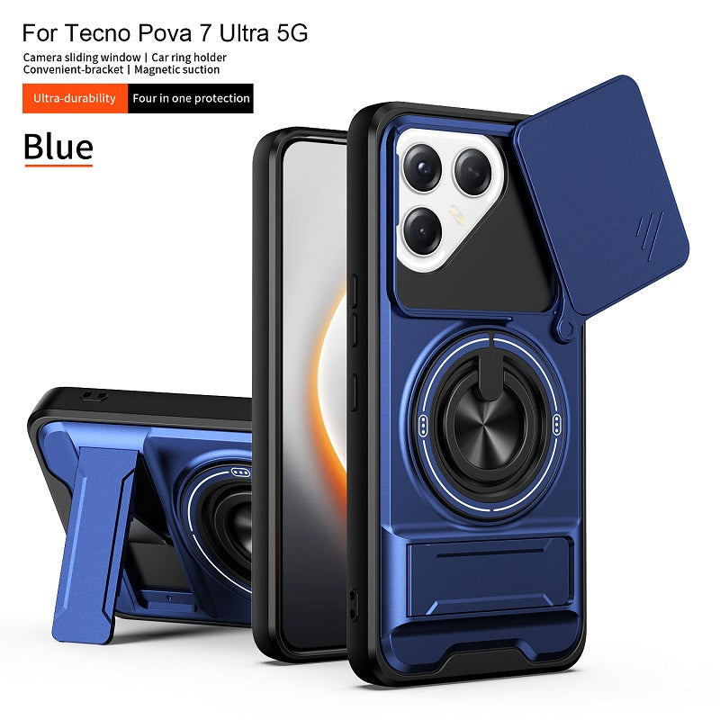 Luxury Slide Camera Lens Cover Case for Tecno Pova 7 Ultra 5G, Built-in Ring Stand and Folding Stand Magnetic Protective Case