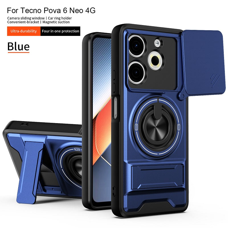 Luxury Slide Camera Lens Cover Case for Tecno Pova 6 Neo 4G, Built-in Ring Stand and Folding Stand Magnetic Protective Case