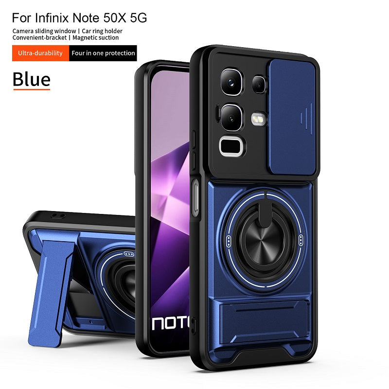 Luxury Slide Camera Lens Cover Case for Infinix Note 50X 5G, Built-in Ring Stand and Folding Stand Magnetic Protective Case