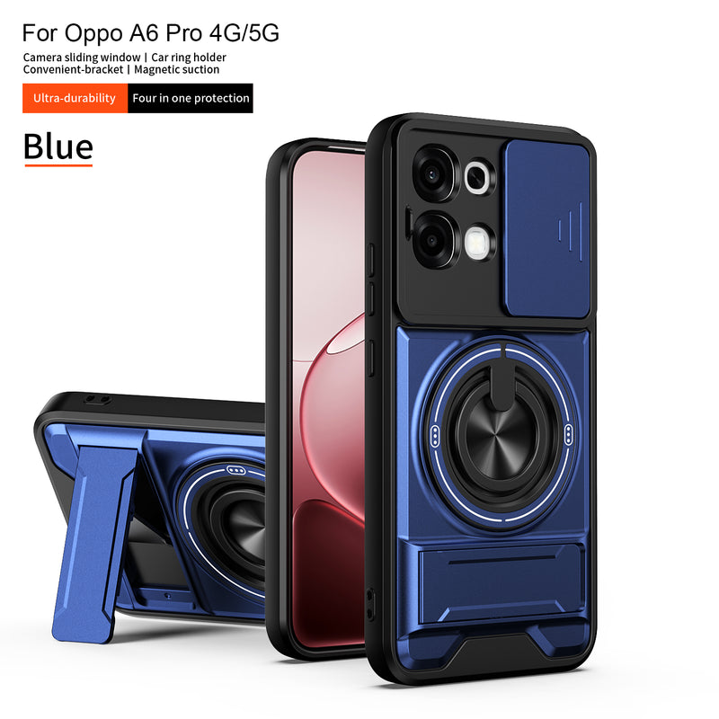 Luxury Slide Camera Lens Cover Case for OPPO A6 Pro 5G/4G, Built-in Ring Stand and Folding Stand Magnetic Protective Case