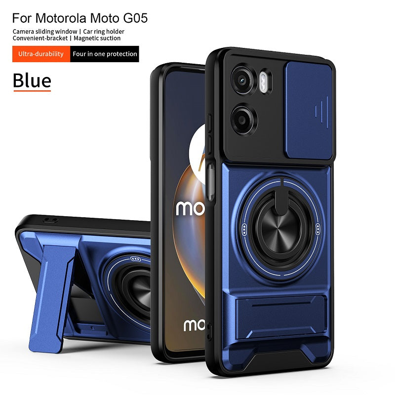 Luxury Slide Camera Lens Cover Case for Motorola Moto G05 4G, Built-in Ring Stand and Folding Stand Magnetic Protective Case