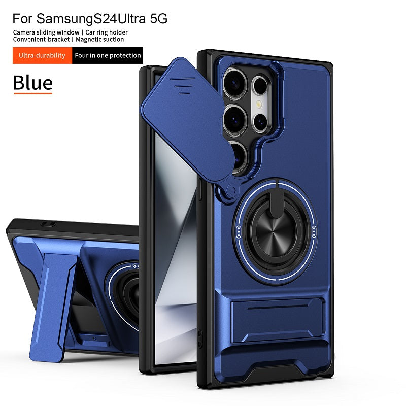 Luxury Slide Camera Lens Cover Case for Samsung Galaxy S24 Ultra, Built-in Ring Stand and Folding Stand Magnetic Protective Case