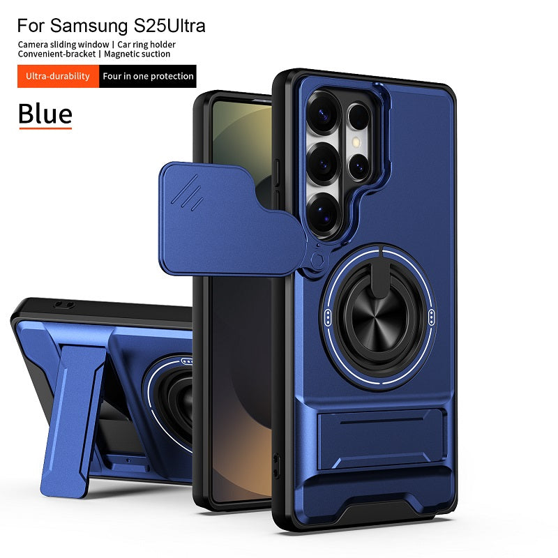 Luxury Slide Camera Lens Cover Case for Samsung Galaxy S25 Ultra, Built-in Ring Stand and Folding Stand Magnetic Protective Case