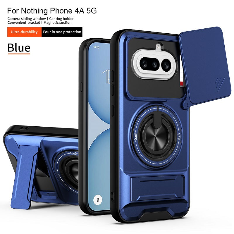 Luxury Slide Camera Lens Cover Case for Nothing Phone (4a) 5G, Built-in Ring Stand and Folding Stand Magnetic Protective Case