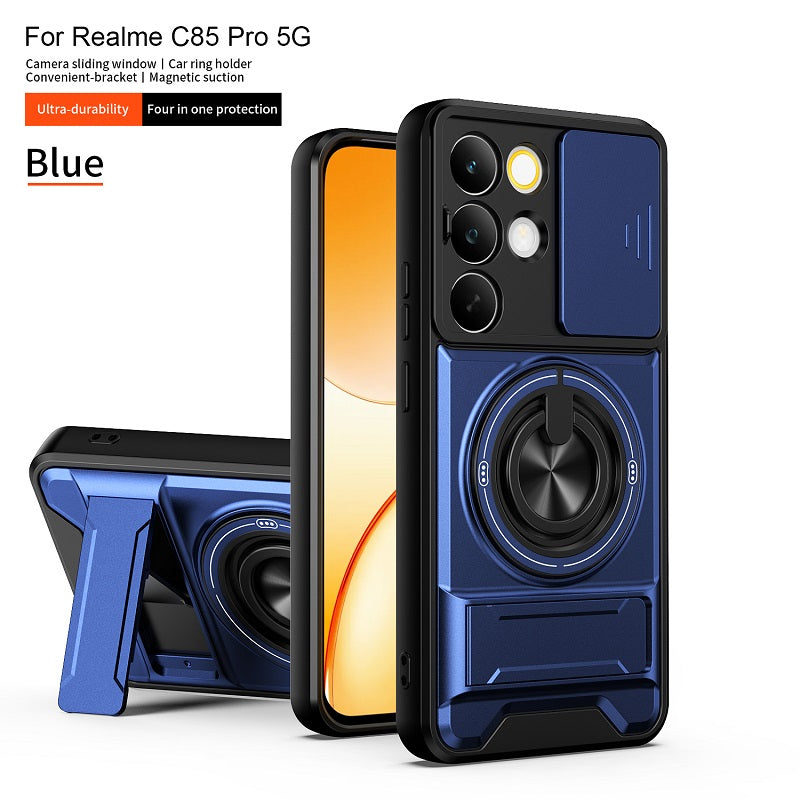 Luxury Slide Camera Lens Cover Case for OPPO Realme C85 Pro 5G, Built-in Ring Stand and Folding Stand Magnetic Protective Case