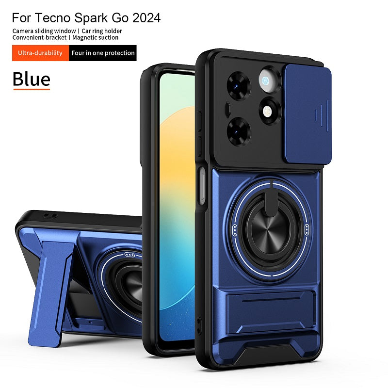 Luxury Slide Camera Lens Cover Case for Tecno Spark Go 2024, Built-in Ring Stand and Folding Stand Magnetic Protective Case