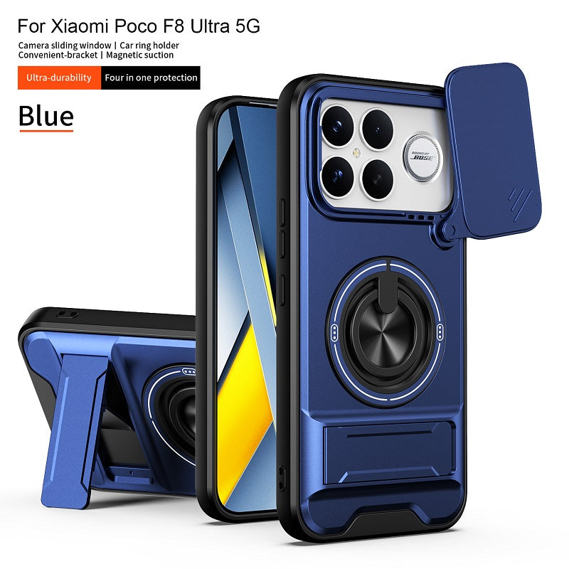 Luxury Slide Camera Lens Cover Case for Xiaomi Poco F8 Ultra, Built-in Ring Stand and Folding Stand Magnetic Protective Case