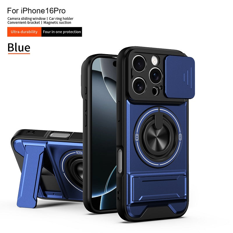 Luxury Slide Camera Lens Cover Case for iPhone 16 Pro, Built-in Ring Stand and Folding Stand Magnetic Protective Case