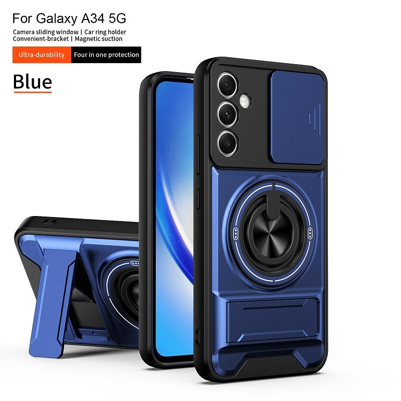 Luxury Slide Camera Lens Cover Case for Samsung Galaxy A34 5G, Built-in Ring Stand and Folding Stand Magnetic Protective Case