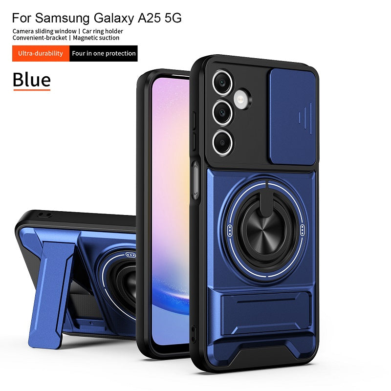 Luxury Slide Camera Lens Cover Case for Samsung Galaxy A25 5G, Built-in Ring Stand and Folding Stand Magnetic Protective Case