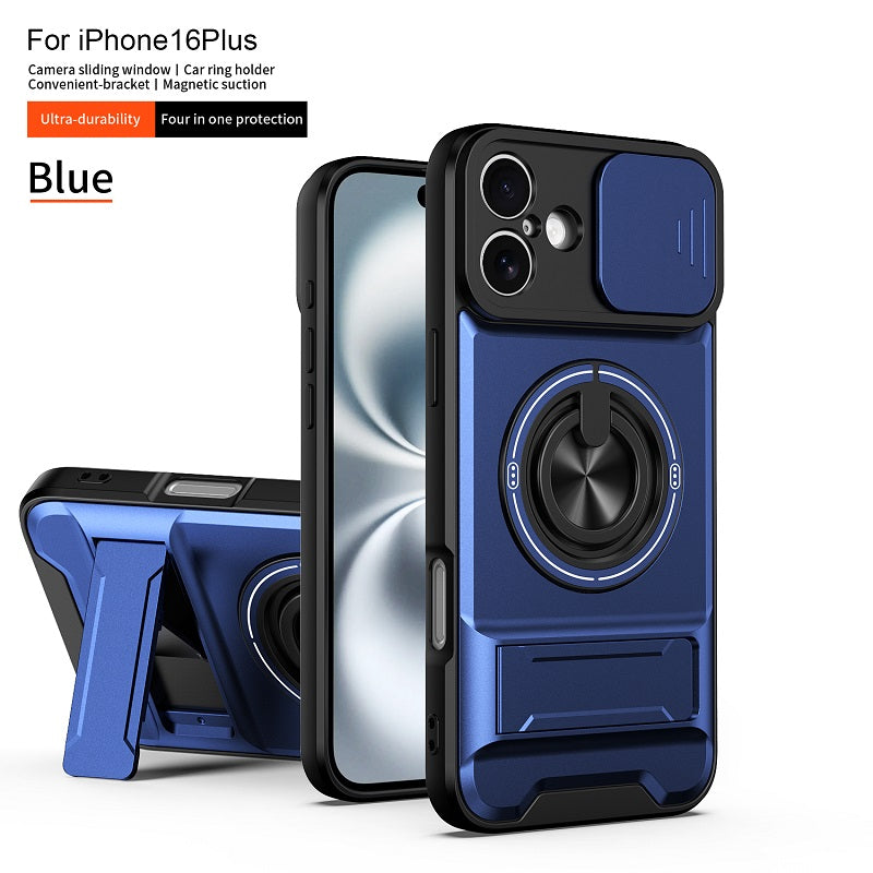 Luxury Slide Camera Lens Cover Case for iPhone 16 Plus, Built-in Ring Stand and Folding Stand Magnetic Protective Case