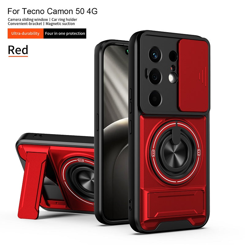 Luxury Slide Camera Lens Cover Case for Tecno Camon 50 4G, Built-in Ring Stand and Folding Stand Magnetic Protective Case
