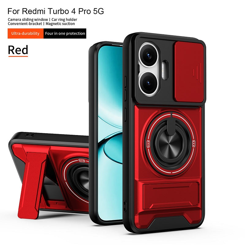 Luxury Slide Camera Lens Cover Case for Xiaomi Redmi Turbo 4 Pro/Poco F7, Built-in Ring Stand and Folding Stand Magnetic Protective Case