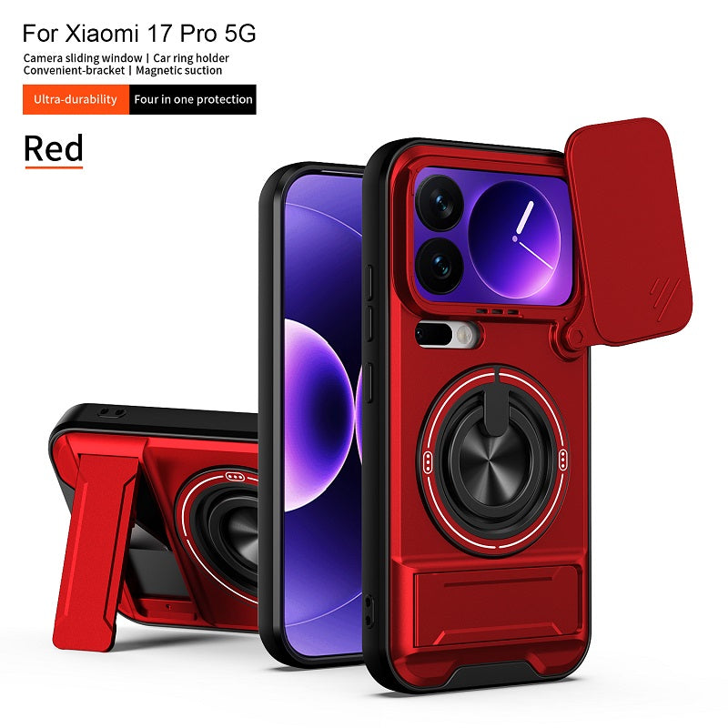 Luxury Slide Camera Lens Cover Case for Xiaomi 17 Pro, Built-in Ring Stand and Folding Stand Magnetic Protective Case
