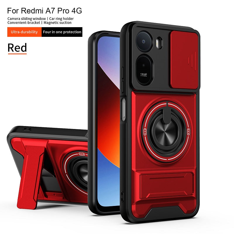 Luxury Slide Camera Lens Cover Case for Xiaomi Redmi A7 Pro 4G, Built-in Ring Stand and Folding Stand Magnetic Protective Case