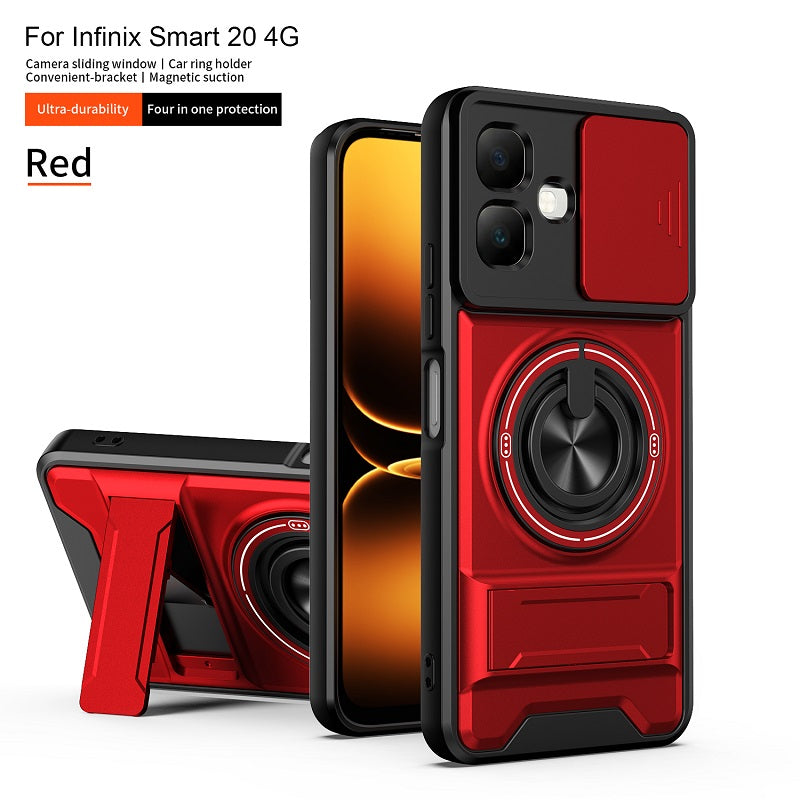Luxury Slide Camera Lens Cover Case for Infinix Smart 20 4G, Built-in Ring Stand and Folding Stand Magnetic Protective Case