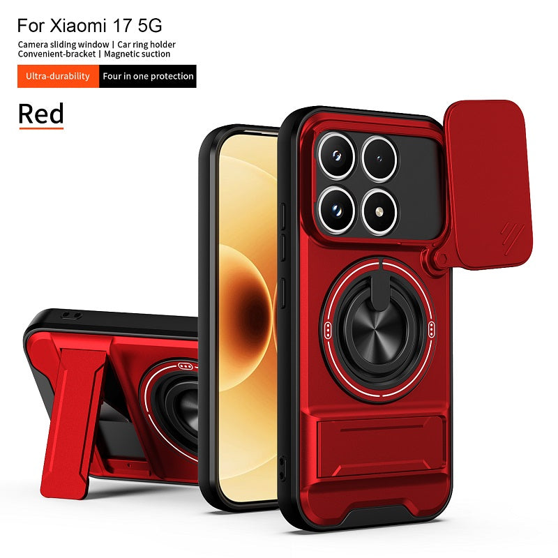 Luxury Slide Camera Lens Cover Case for Xiaomi 17, Built-in Ring Stand and Folding Stand Magnetic Protective Case