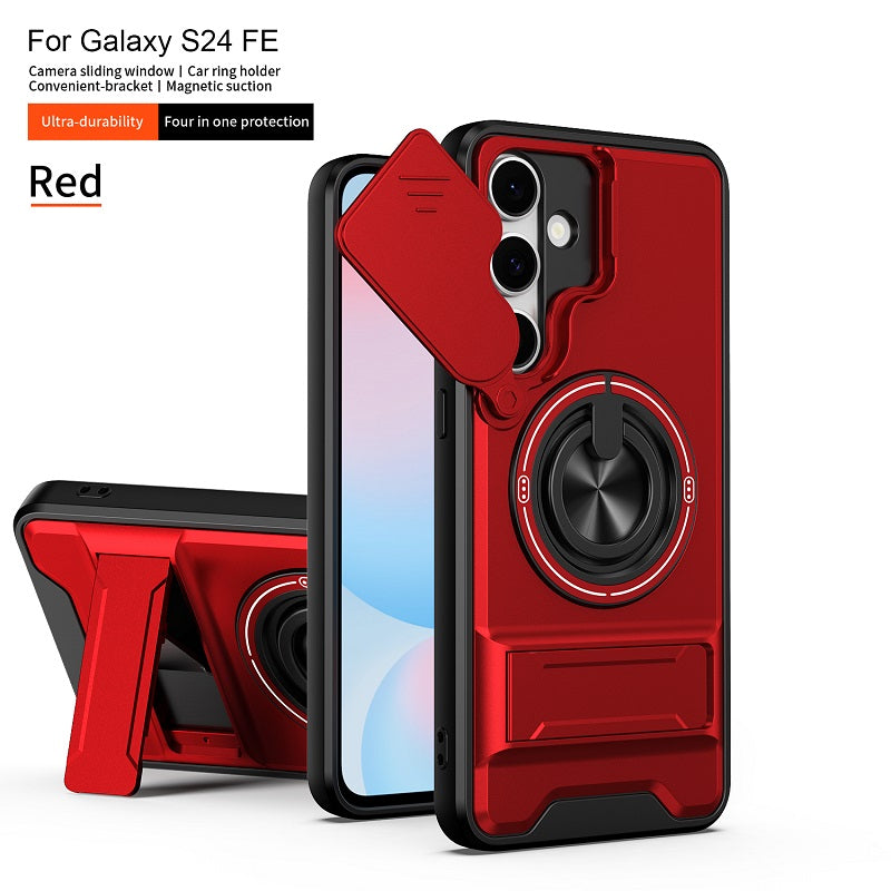 Luxury Slide Camera Lens Cover Case for Samsung Galaxy S24 FE, Built-in Ring Stand and Folding Stand Magnetic Protective Case