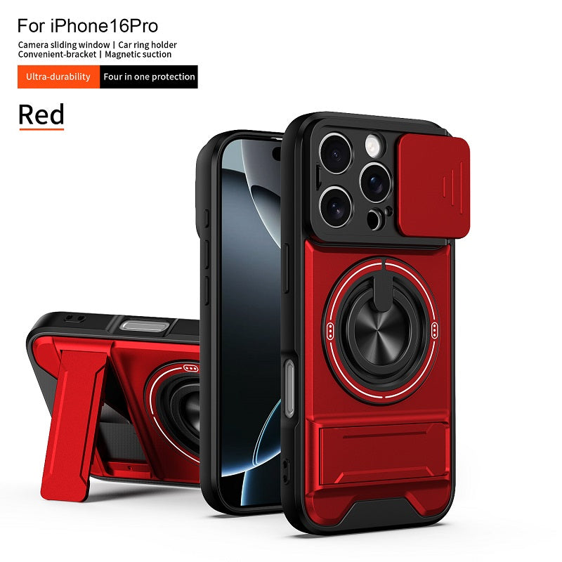 Luxury Slide Camera Lens Cover Case for iPhone 16 Pro, Built-in Ring Stand and Folding Stand Magnetic Protective Case