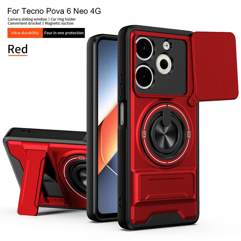 Luxury Slide Camera Lens Cover Case for Tecno Pova 6 Neo 4G, Built-in Ring Stand and Folding Stand Magnetic Protective Case