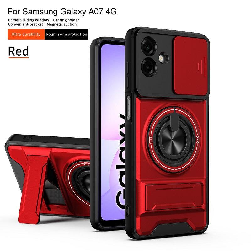 Luxury Slide Camera Lens Cover Case for Samsung Galaxy A07 4G, Built-in Ring Stand and Folding Stand Magnetic Protective Case