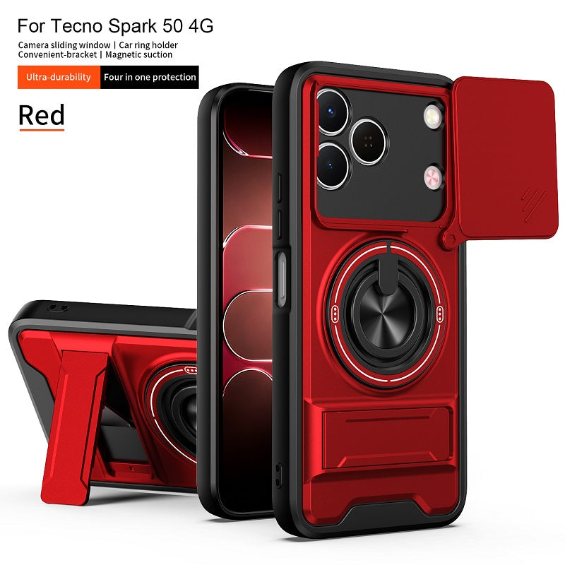 Luxury Slide Camera Lens Cover Case for Tecno Spark 50 4G, Built-in Ring Stand and Folding Stand Magnetic Protective Case