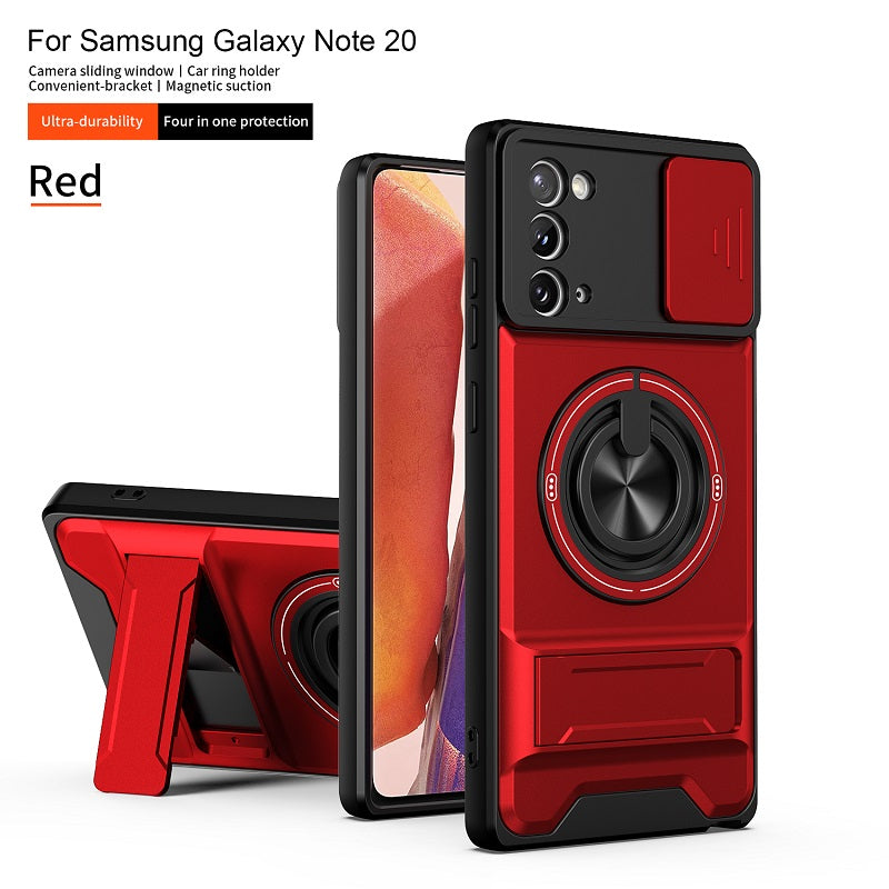 Luxury Slide Camera Lens Cover Case for Samsung Galaxy Note 20, Built-in Ring Stand and Folding Stand Magnetic Protective Case