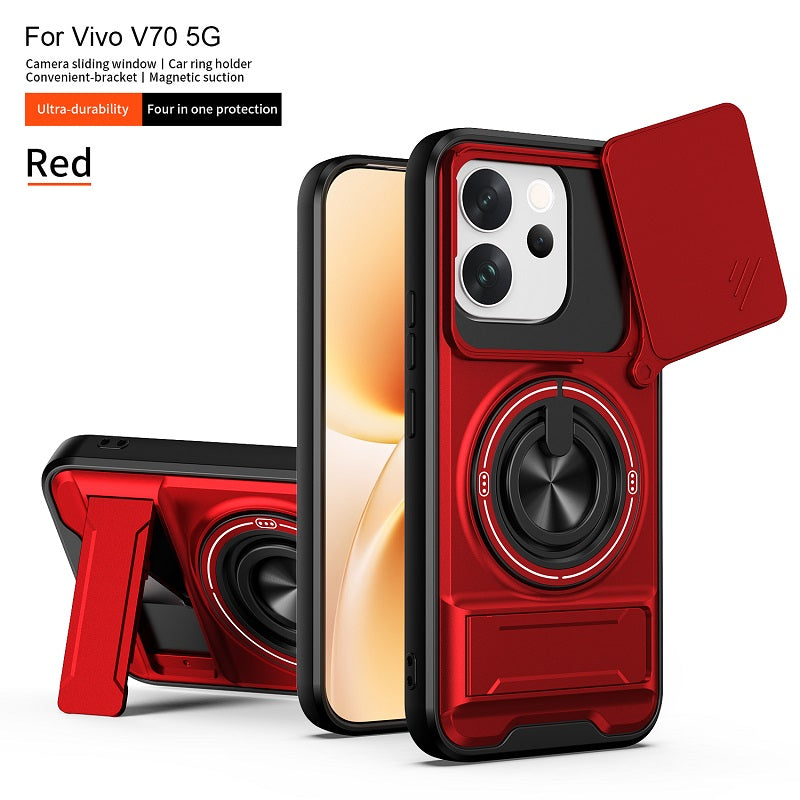 Luxury Slide Camera Lens Cover Case for Vivo V70 5G, Built-in Ring Stand and Folding Stand Magnetic Protective Case