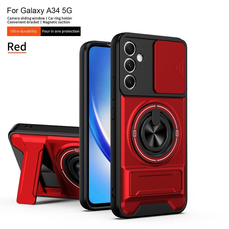 Luxury Slide Camera Lens Cover Case for Samsung Galaxy A34 5G, Built-in Ring Stand and Folding Stand Magnetic Protective Case