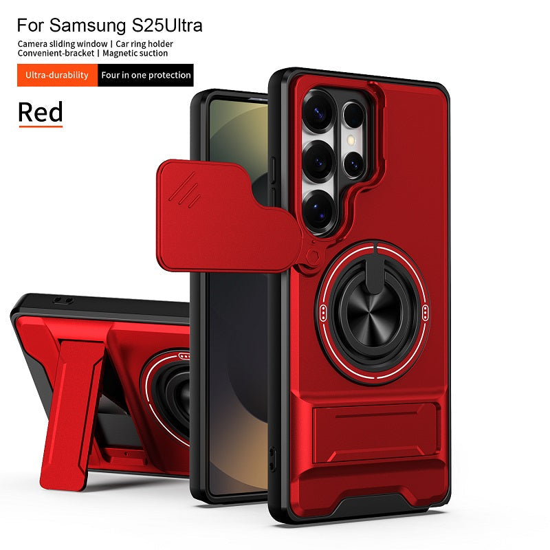 Luxury Slide Camera Lens Cover Case for Samsung Galaxy S25 Ultra, Built-in Ring Stand and Folding Stand Magnetic Protective Case