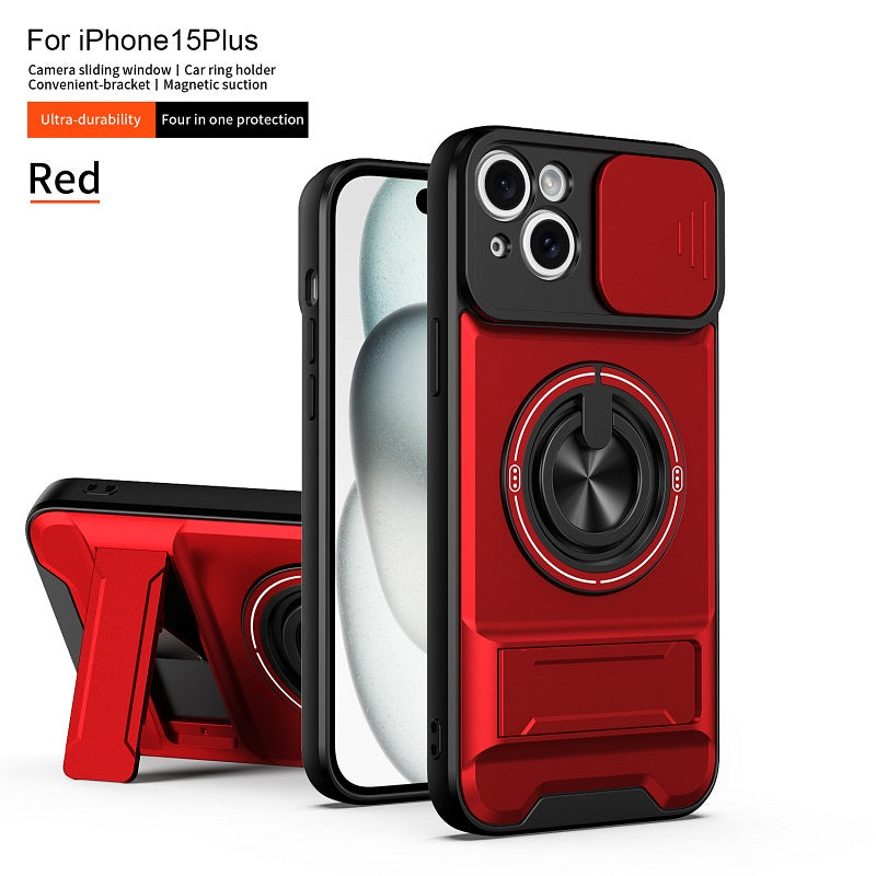 Luxury Slide Camera Lens Cover Case for iPhone 15 Plus, Built-in Ring Stand and Folding Stand Magnetic Protective Case