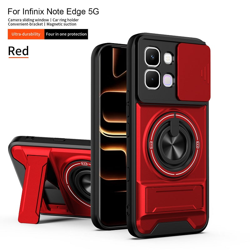 Luxury Slide Camera Lens Cover Case for Infinix Note Edge 5G, Built-in Ring Stand and Folding Stand Magnetic Protective Case