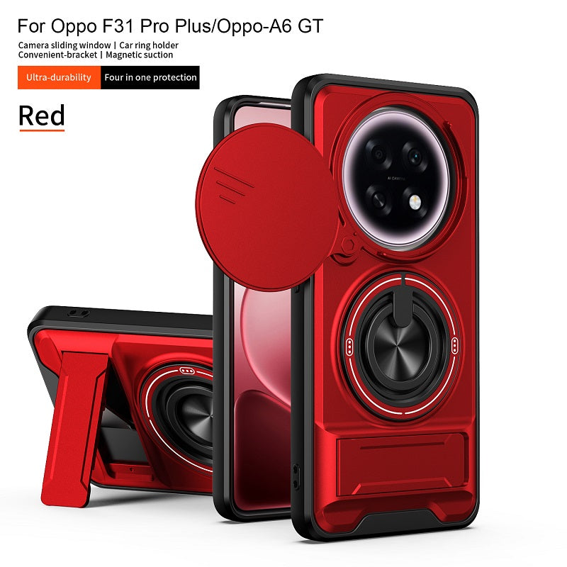 Luxury Slide Camera Lens Cover Case for OPPO F31 Pro+/OPPO A6 GT, Built-in Ring Stand and Folding Stand Magnetic Protective Case